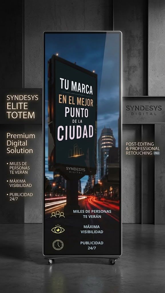 Totem digital Syndesys con publicidad visible en un entorno urbano nocturno